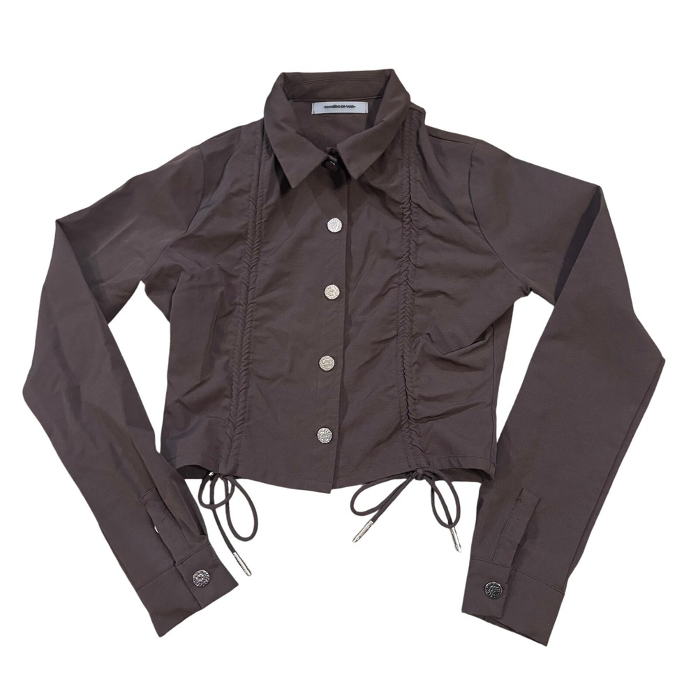 Maniere De Voir Womens Brown Ruched Cropped Button Down Shirt US Long Sleeve